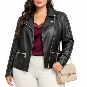 bebe Black faux Leather Moto Jacket with Silver Details XL